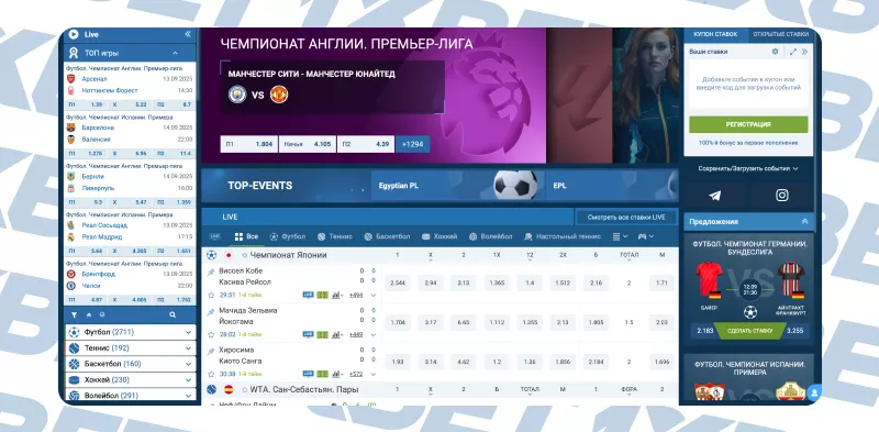 Таблица спортивных событий на сайте 1xBet