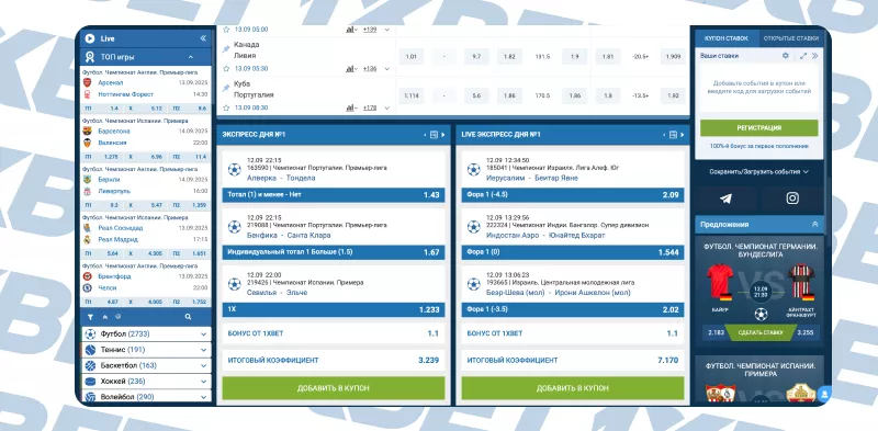 Список актуальных событий на платформе 1xBet